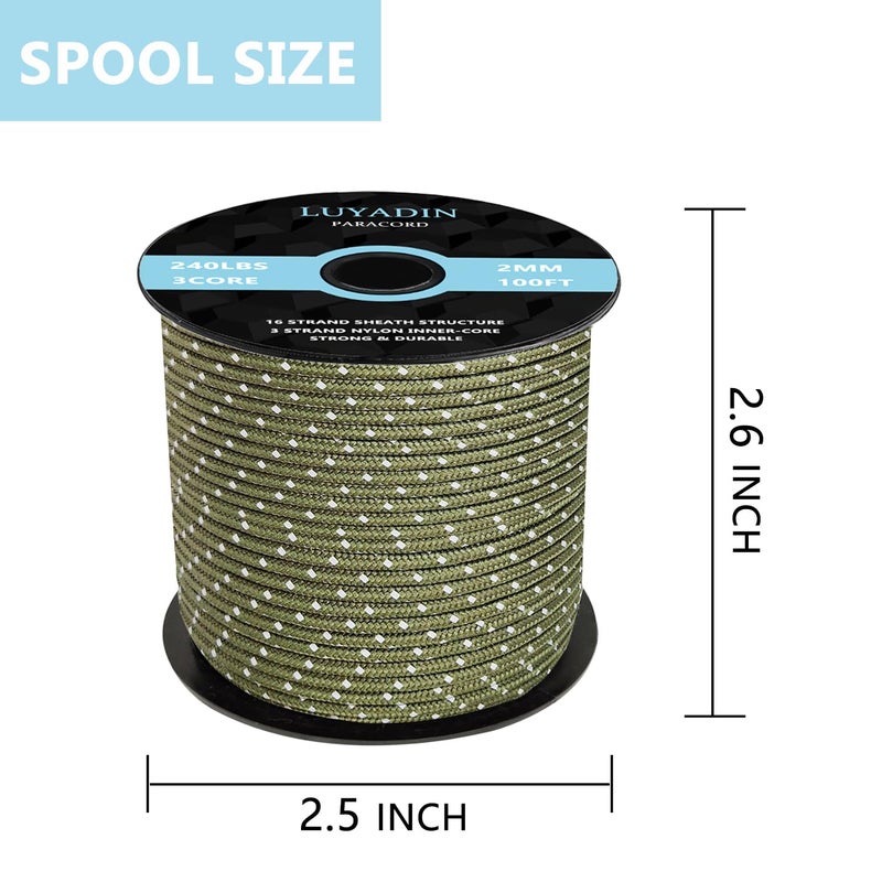 LUYADIN Reflective Paracord 240lb - Diameter 2mm Micro Utility Cord -3 Strand Parachute Spool Cord - 100ft 200ft,Paracord for Camping,Hiking,Fishing,Outdoor and DIY - Image 2